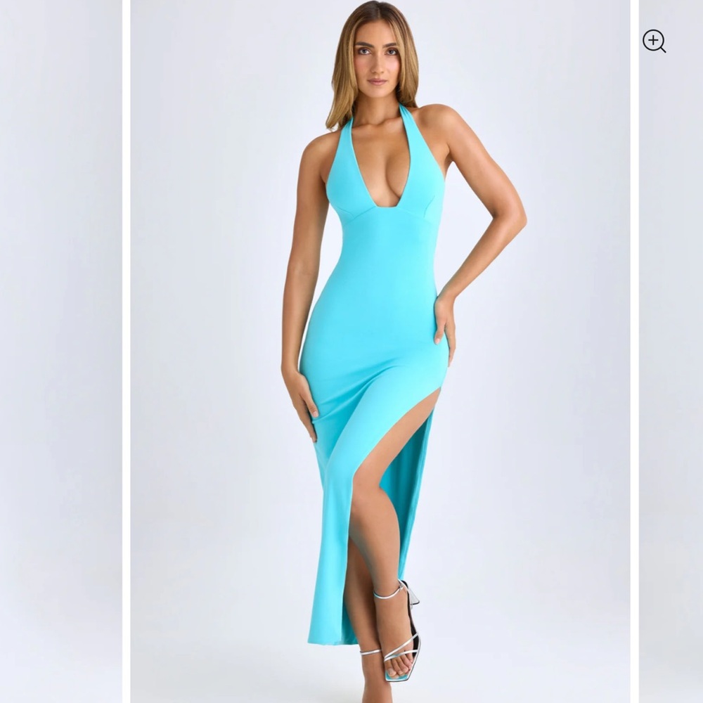 Oh Polly Tencel™ Mei Modal High-Split Halterneck Maxi Dress in Aqua Blue small